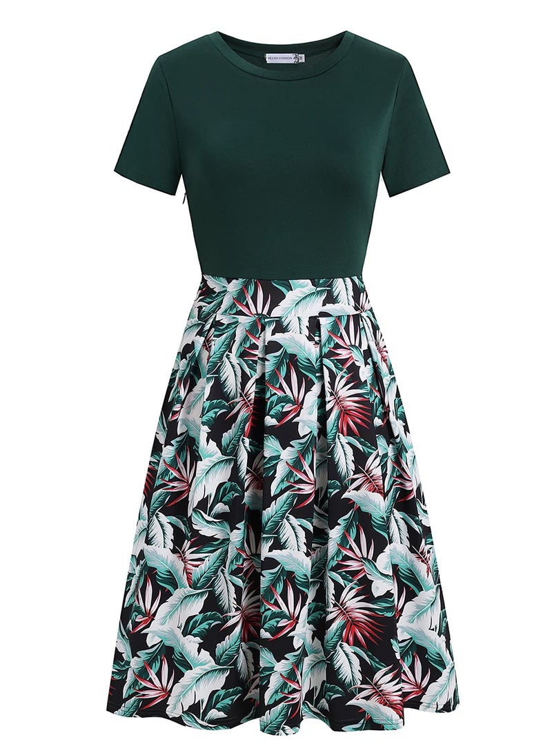 HELYO Women's Elegant Vintage Business Casual Floral Print Work Party A-Line Swing Dress with Pockets 838 Green Floral L - Image 2